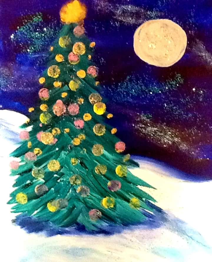 A painting of a christmas tree with a full moon in the background