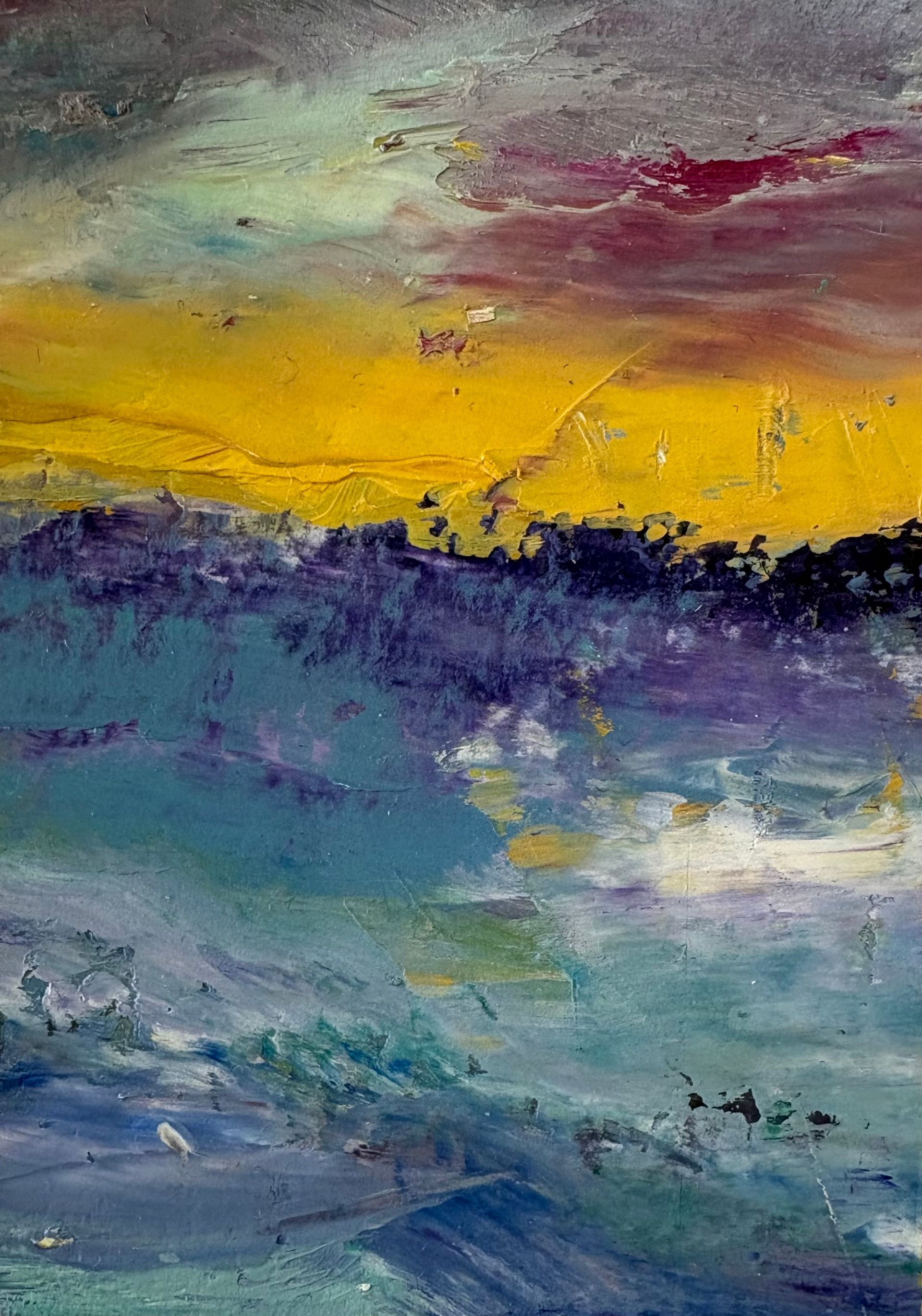 An abstract oil painting features a vibrant yellow horizontal band above a textured landscape of deep purples and blues.