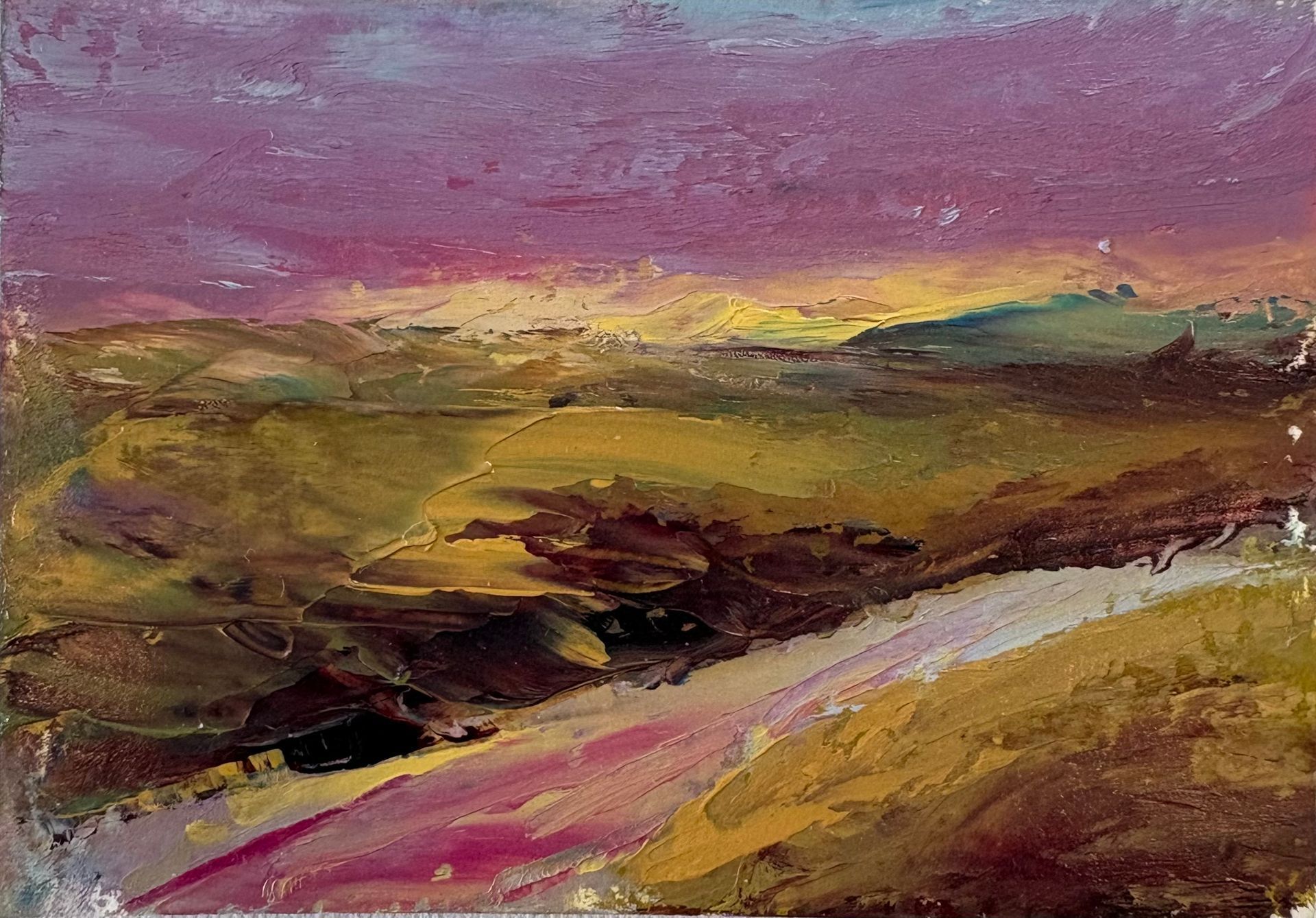 An impressionist oil painting of rolling hills under a vibrant, purple and orange sunset, with a diagonal path in the foreground.