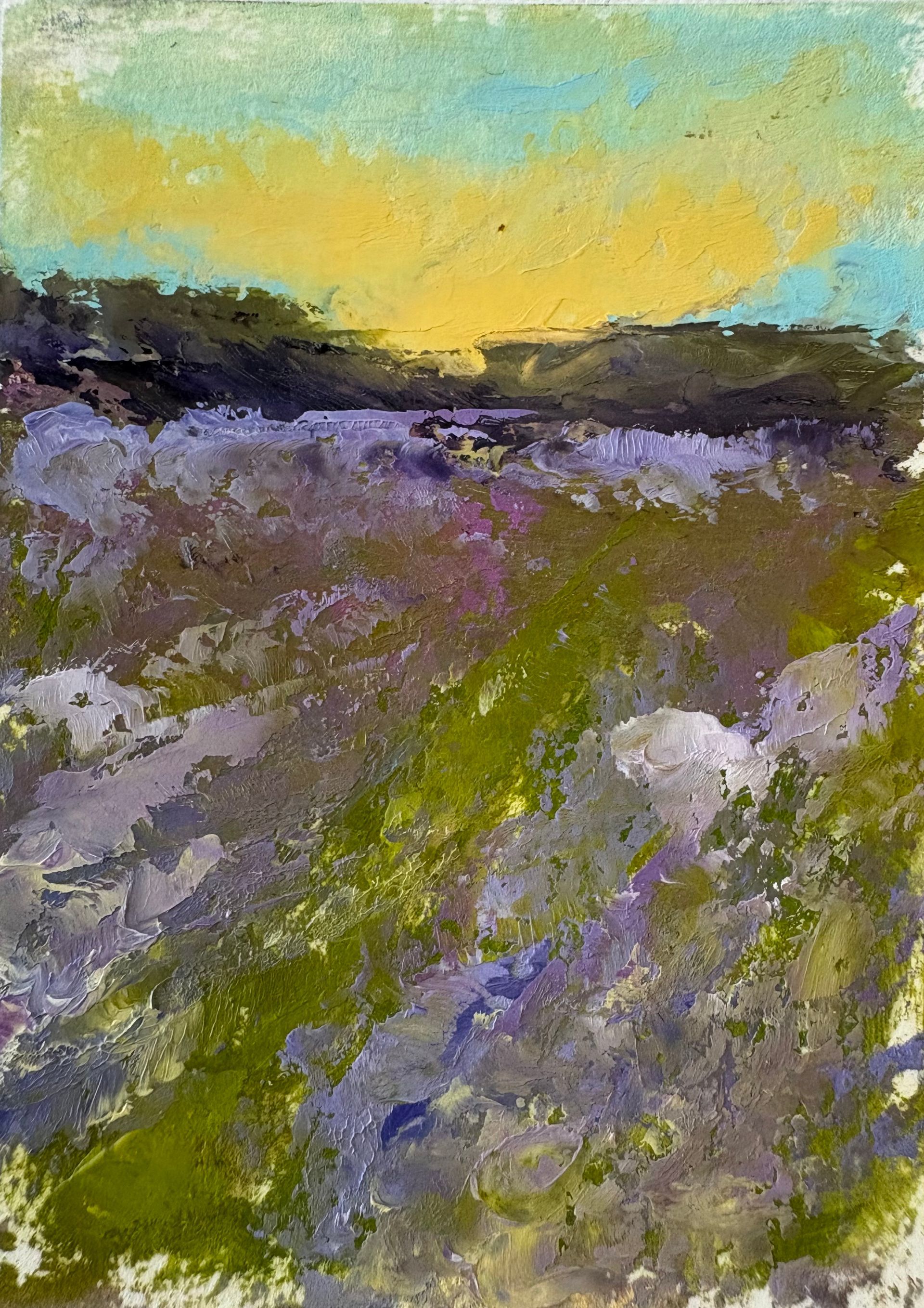 Impressionistic oil painting of a purple wildflower field under a yellow and blue sky at sunset.