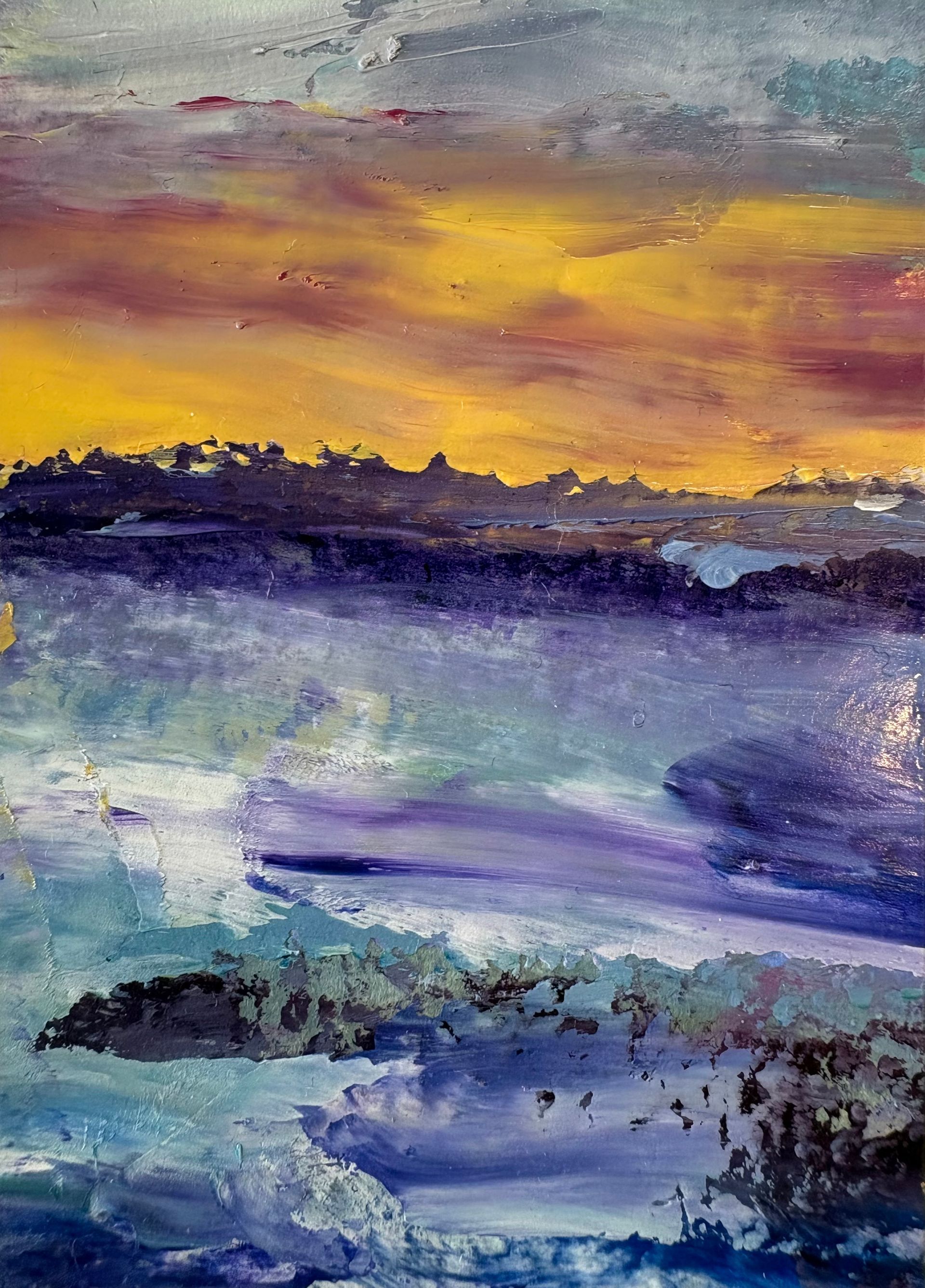 Impressionist oil painting of a vivid orange sunset over a dark, textured sea in shades of blue and purple.