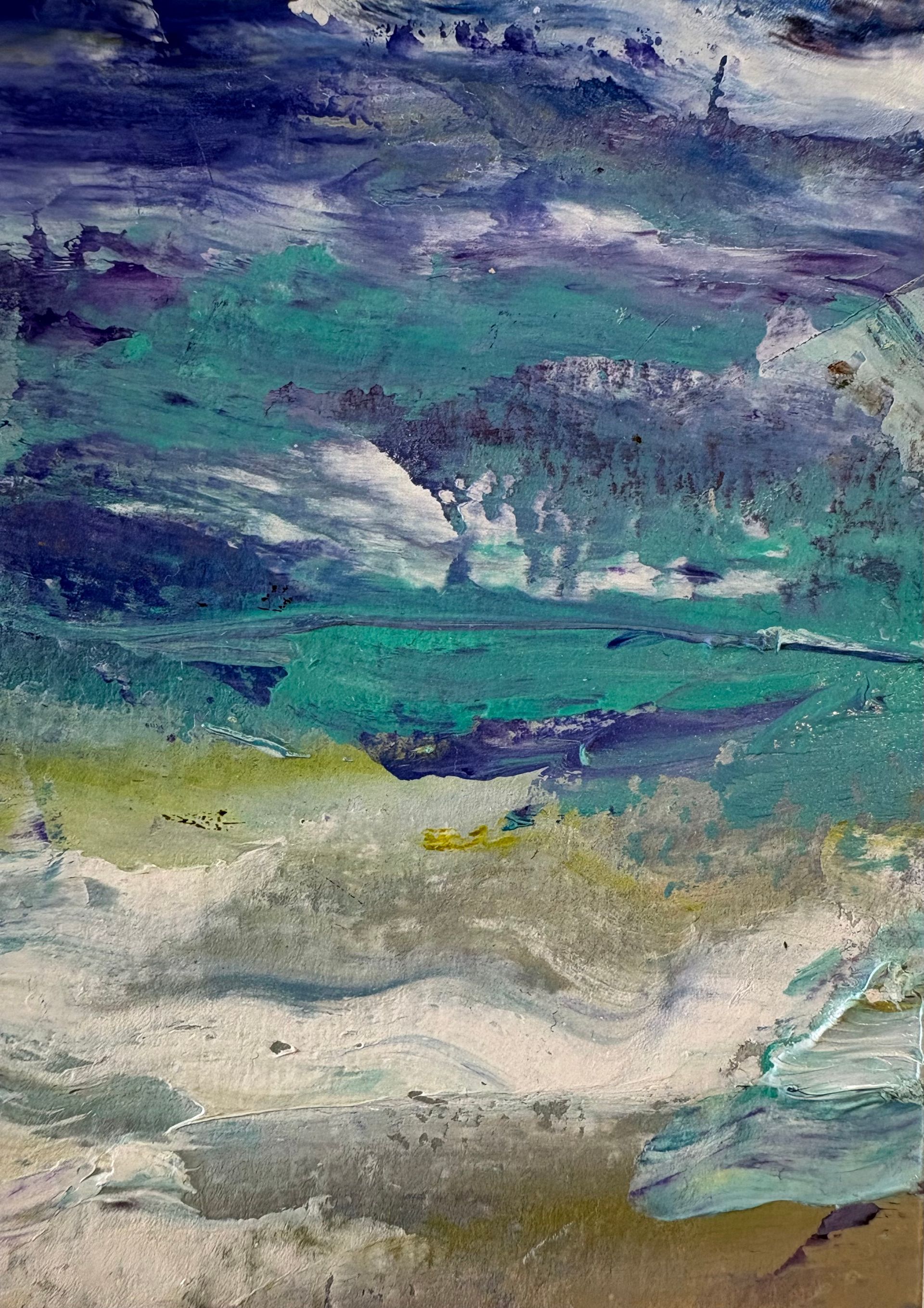 Abstract oil painting with layered brushstrokes in deep blues, teals, and earthy olive tones over a pale, textured base.