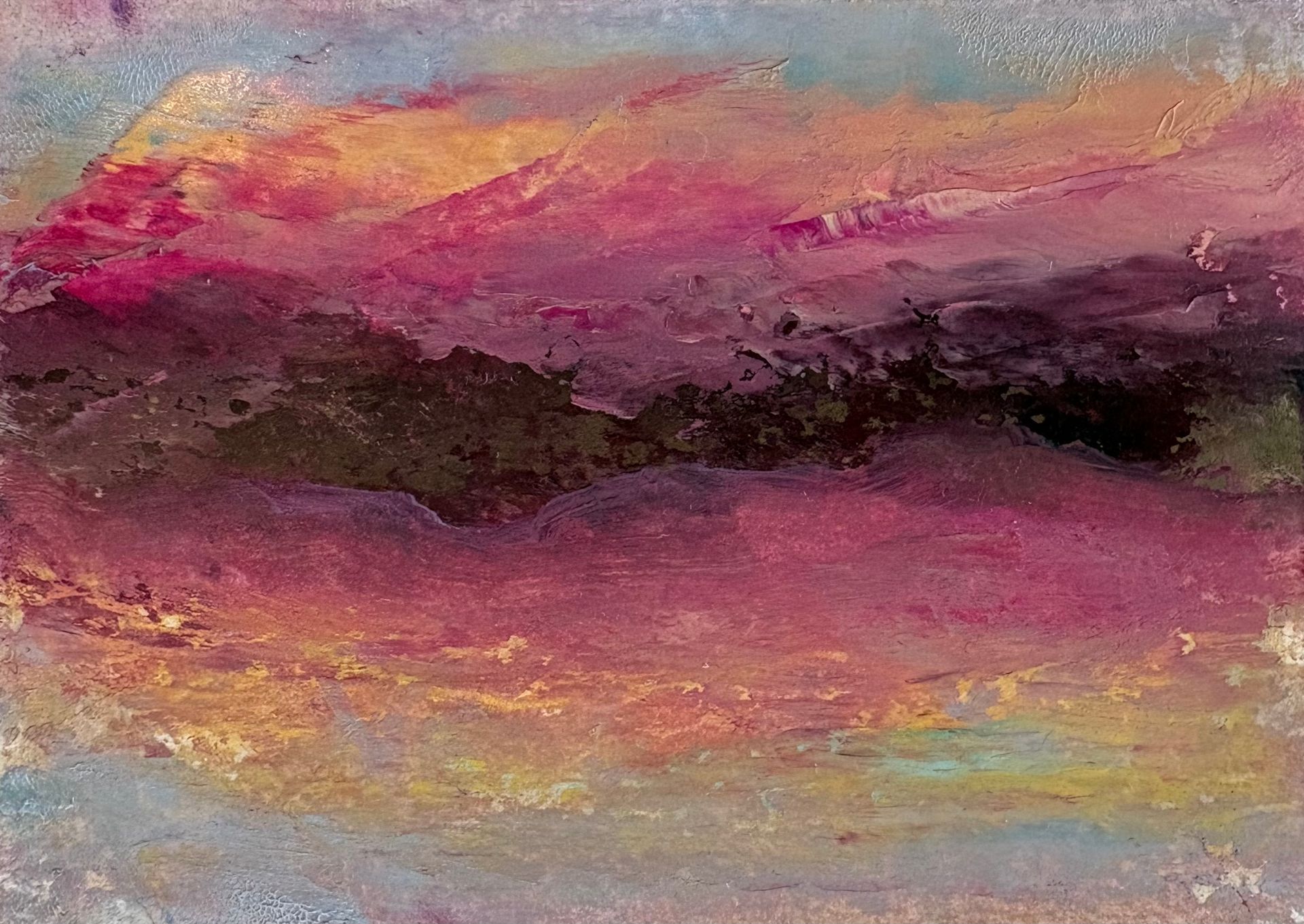 Abstract painting with thick horizontal bands of magenta, orange, and dark brown, suggesting a textured, hazy landscape.