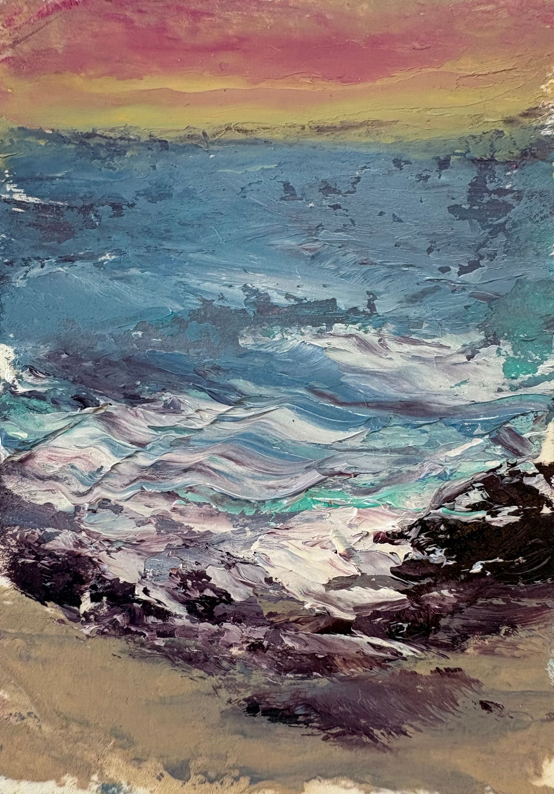 An impressionistic oil painting of a wavy ocean shoreline at sunset with hues of blue, purple, and gold.