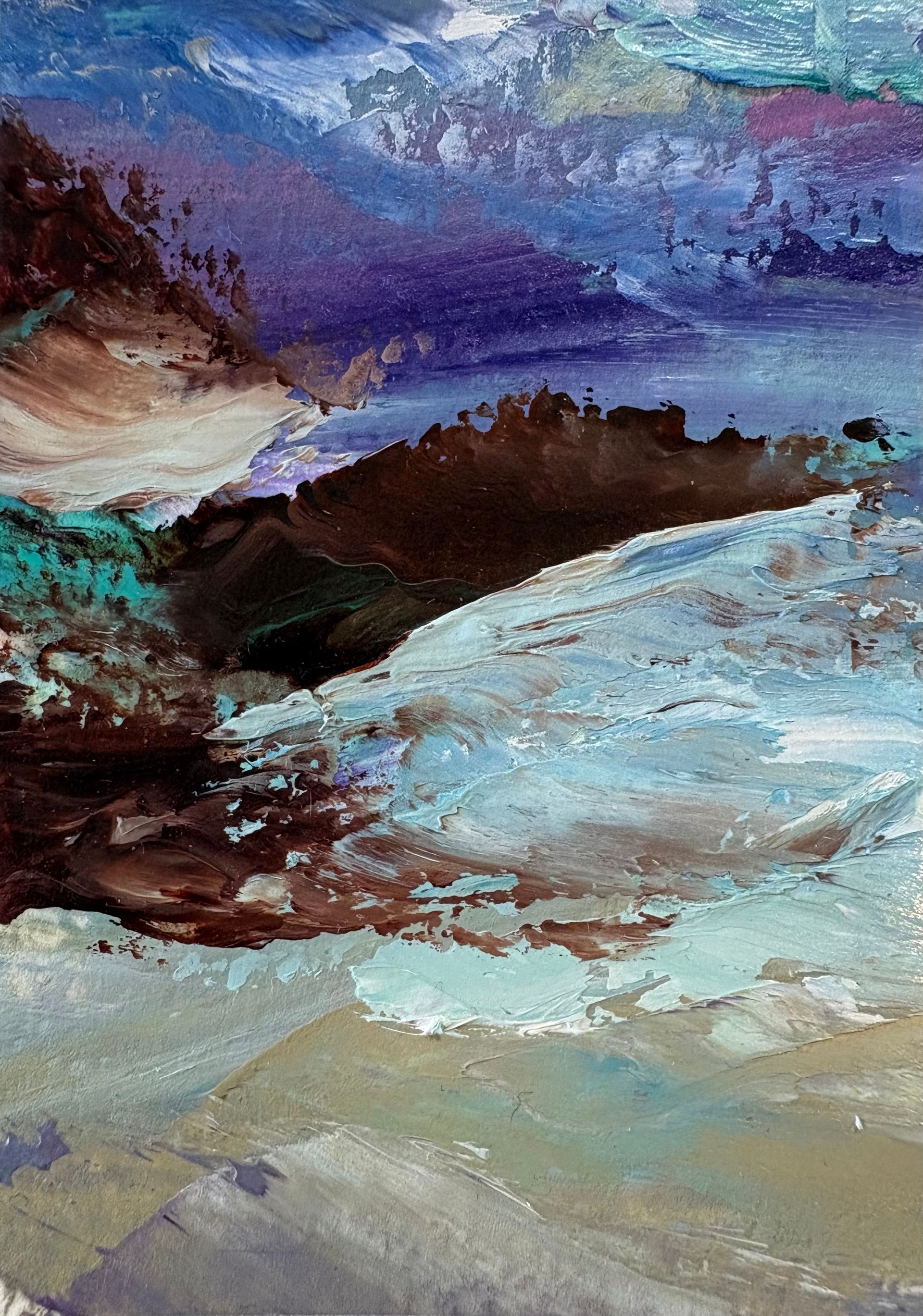 An abstract oil painting with thick, textured brushstrokes in shades of blue, brown, teal, and deep purple.