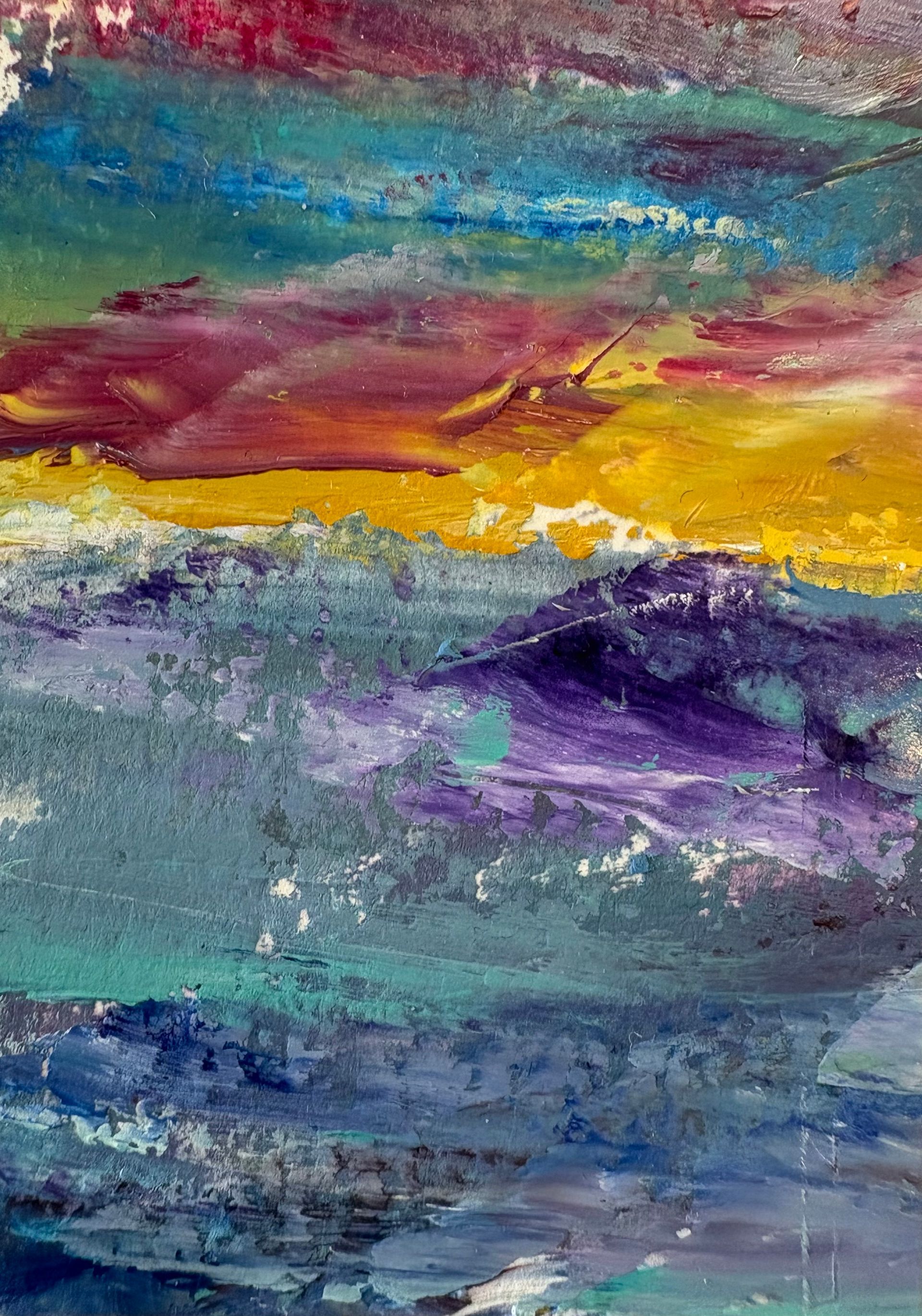 Abstract oil painting with horizontal bands of textured yellow, deep purple, and varied blue hues.