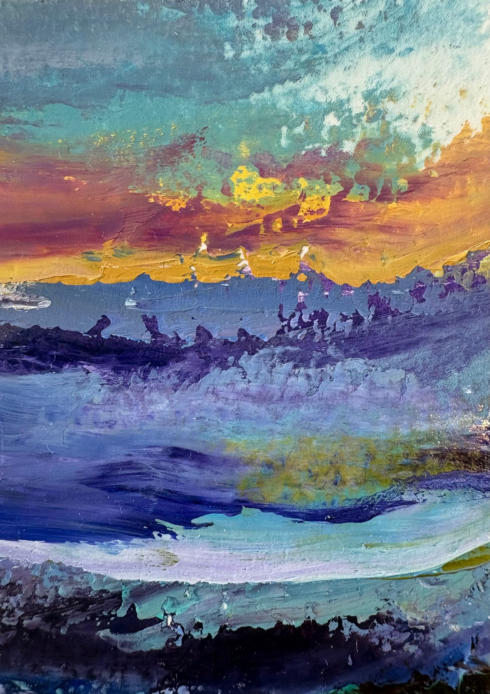 Abstract oil painting with horizontal layers of blue, purple, yellow, and teal, featuring textured, blended brushstrokes.