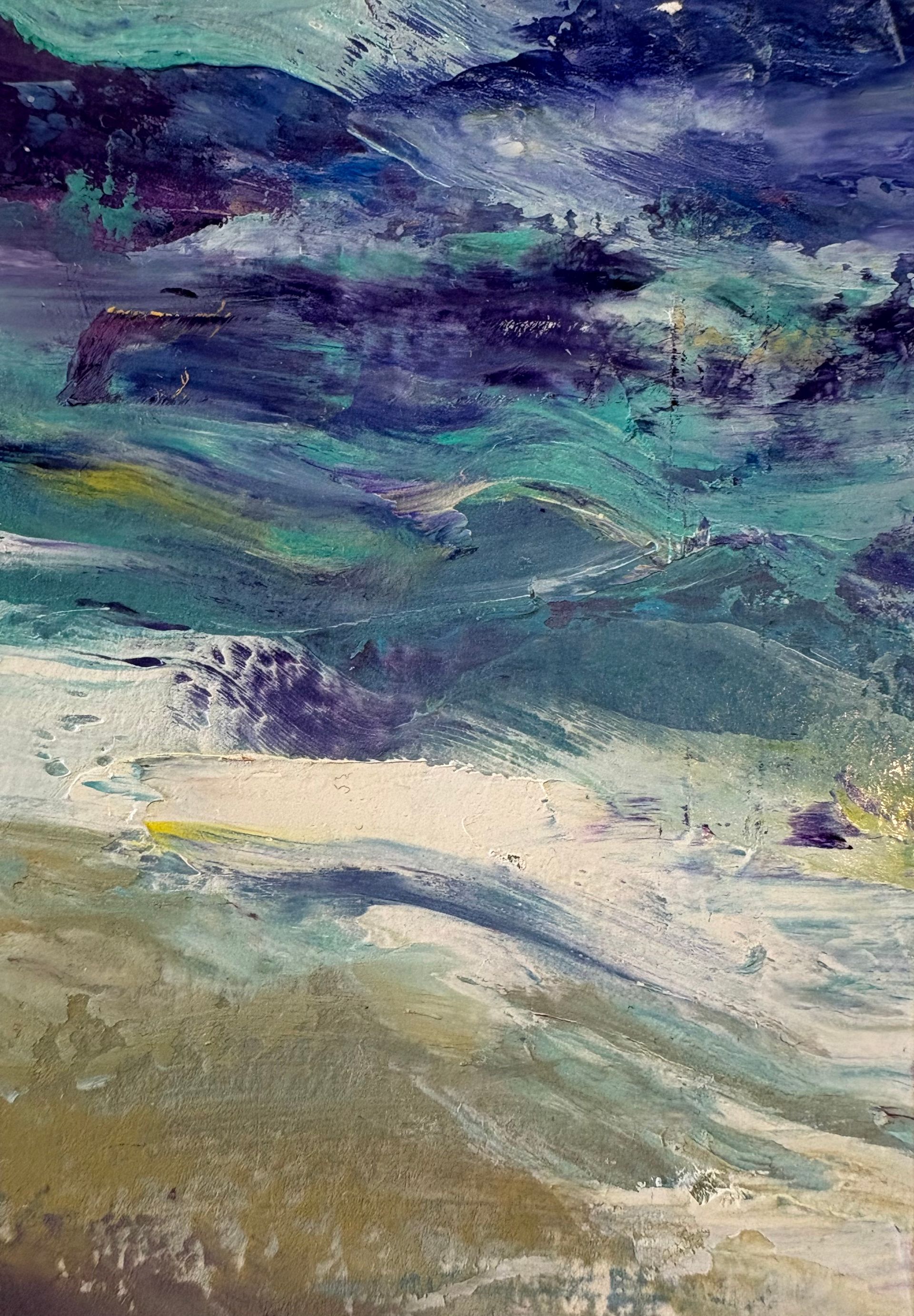 An abstract oil painting with textured, layered brushstrokes in shades of deep blue, teal, olive green, and sandy cream.