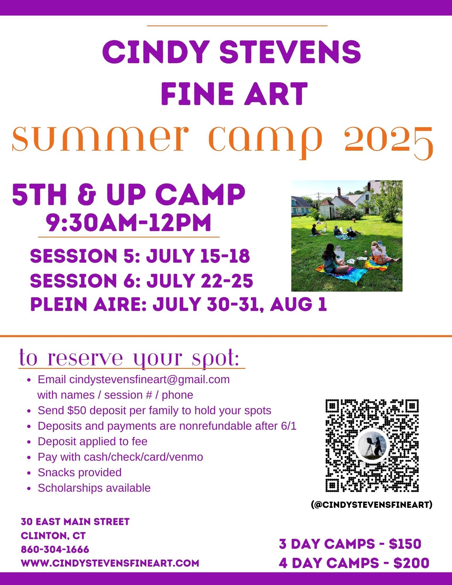 A poster for cindy stevens fine art summer camp 2025
