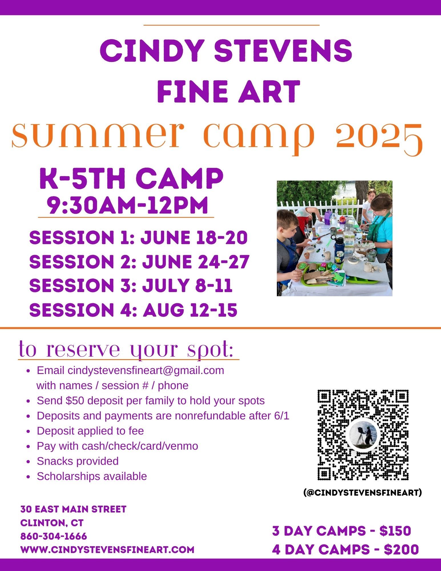 A poster for cindy stevens fine art summer camp 2025