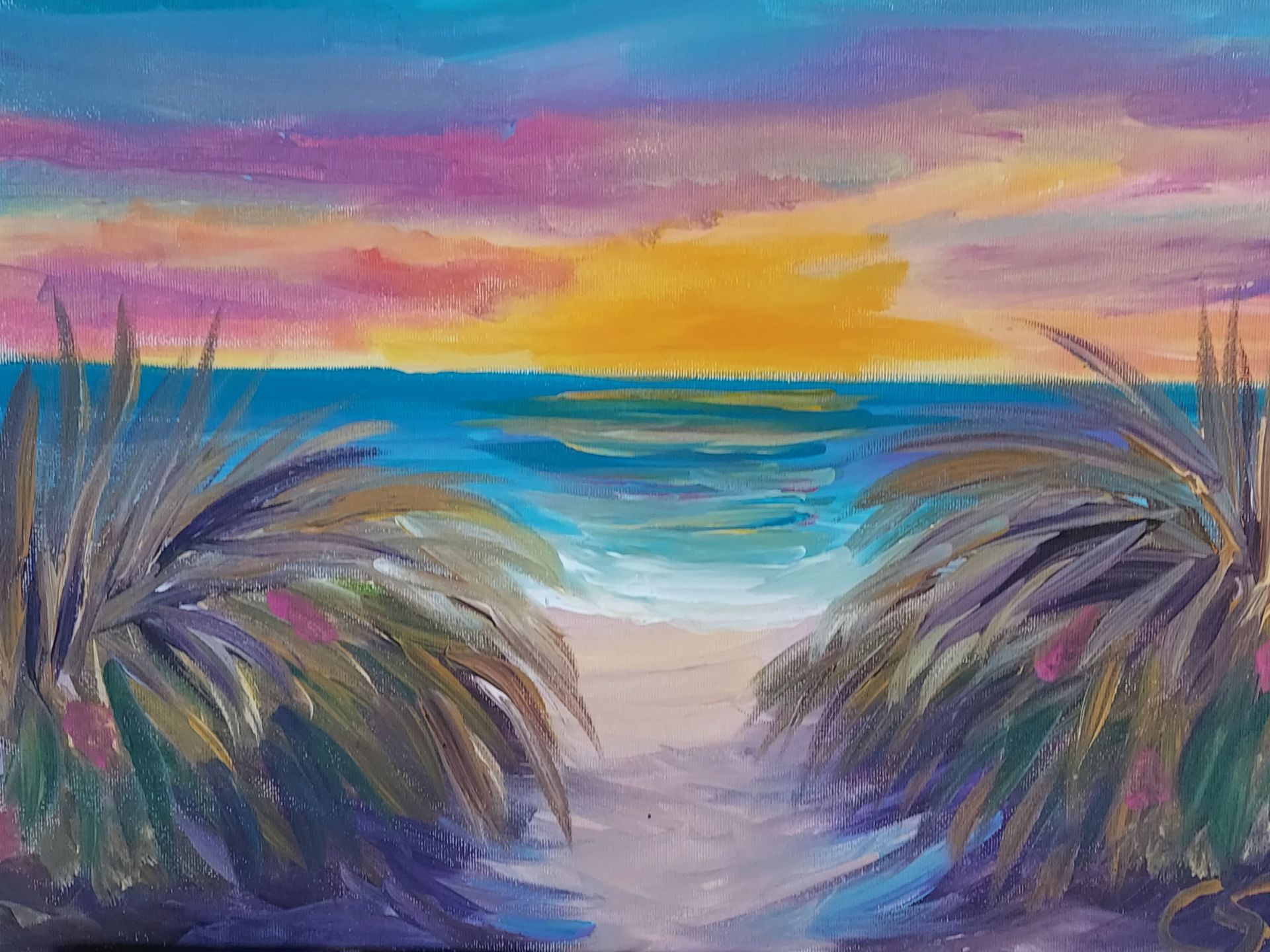 It is a painting of a path leading to the ocean