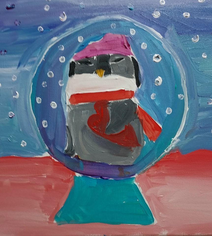 A painting of a penguin in a snow globe