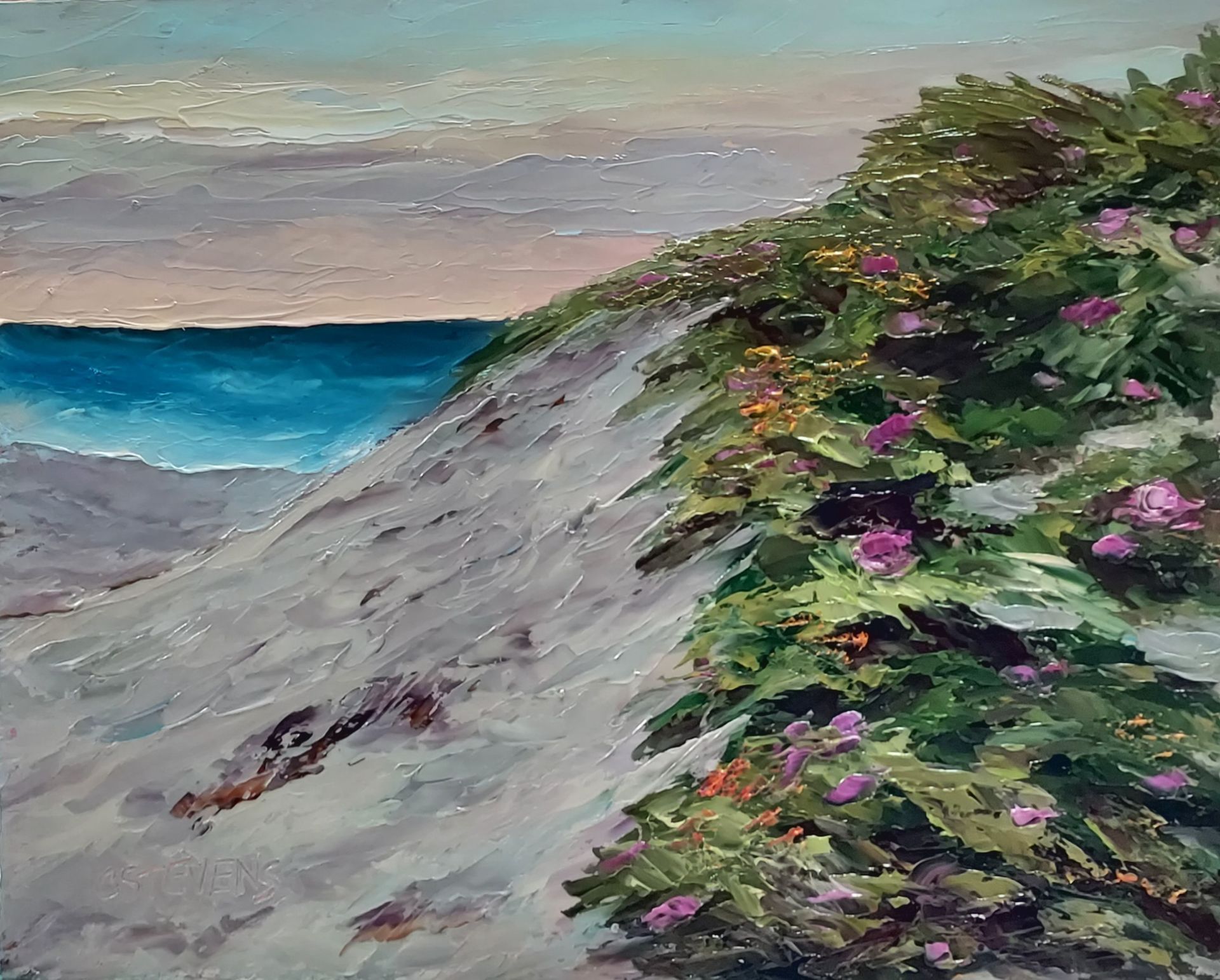 A painting of a sand dune with flowers and a view of the ocean.