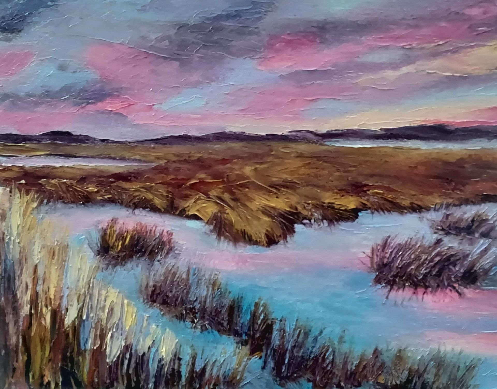 A painting of a swamp with a sunset in the background.
