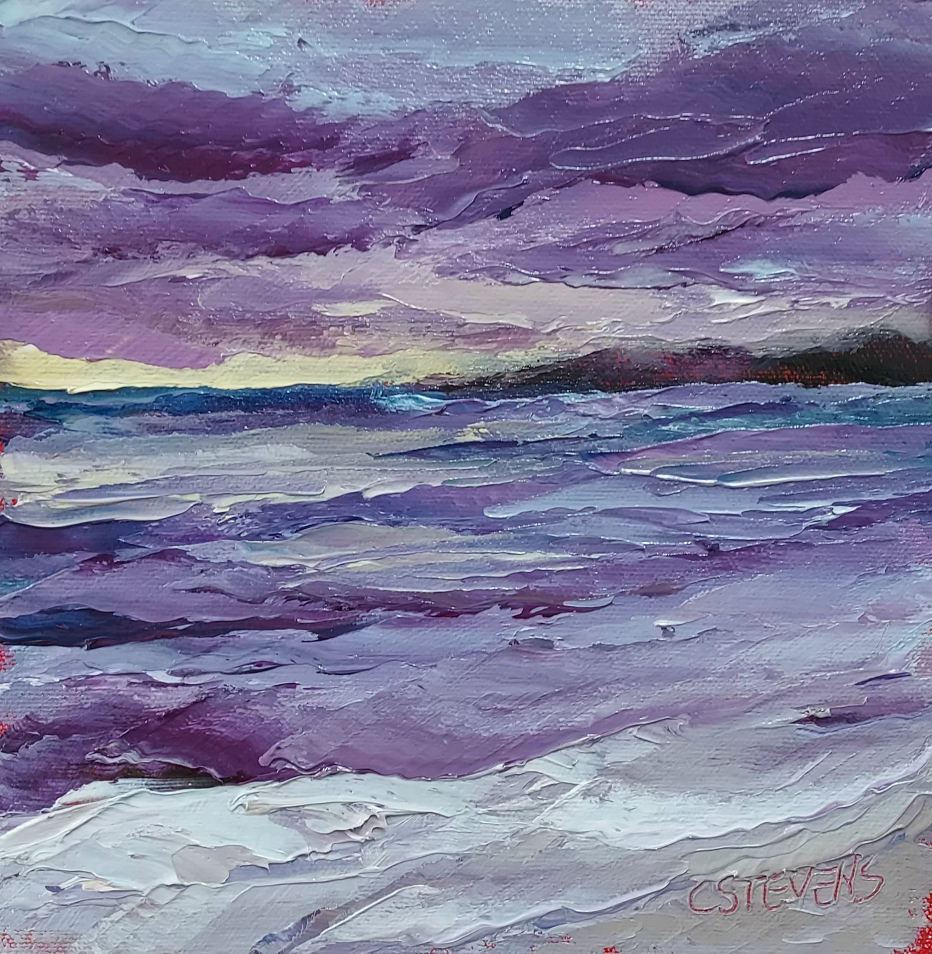 A painting of a purple sky over a body of water
