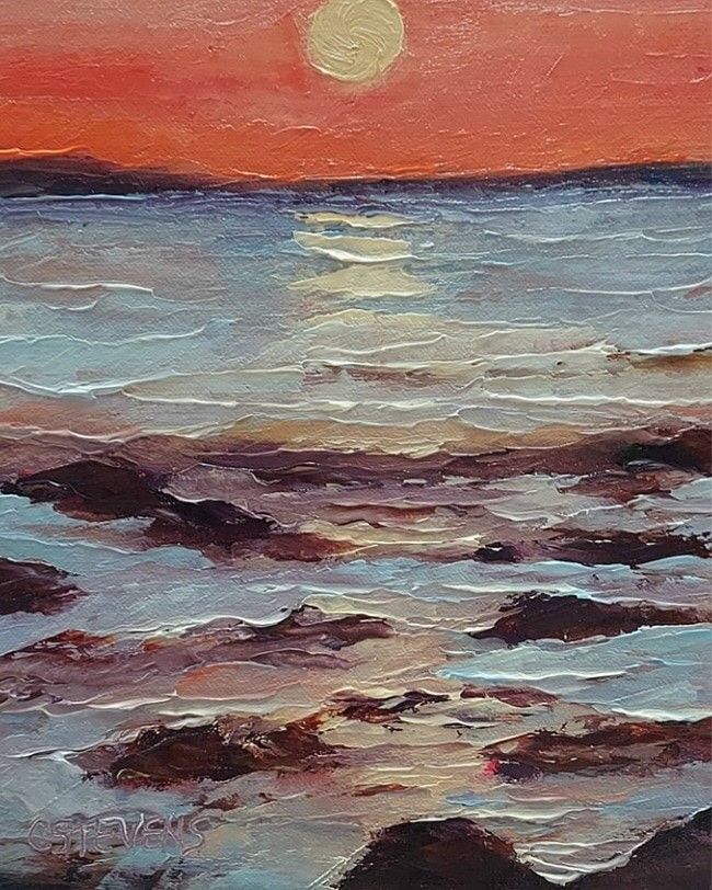 It is a painting of a sunset over the ocean.