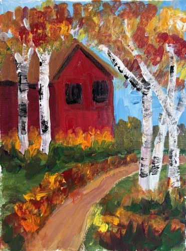 Red house beside a winding path, framed by white birch trees and autumn foliage.