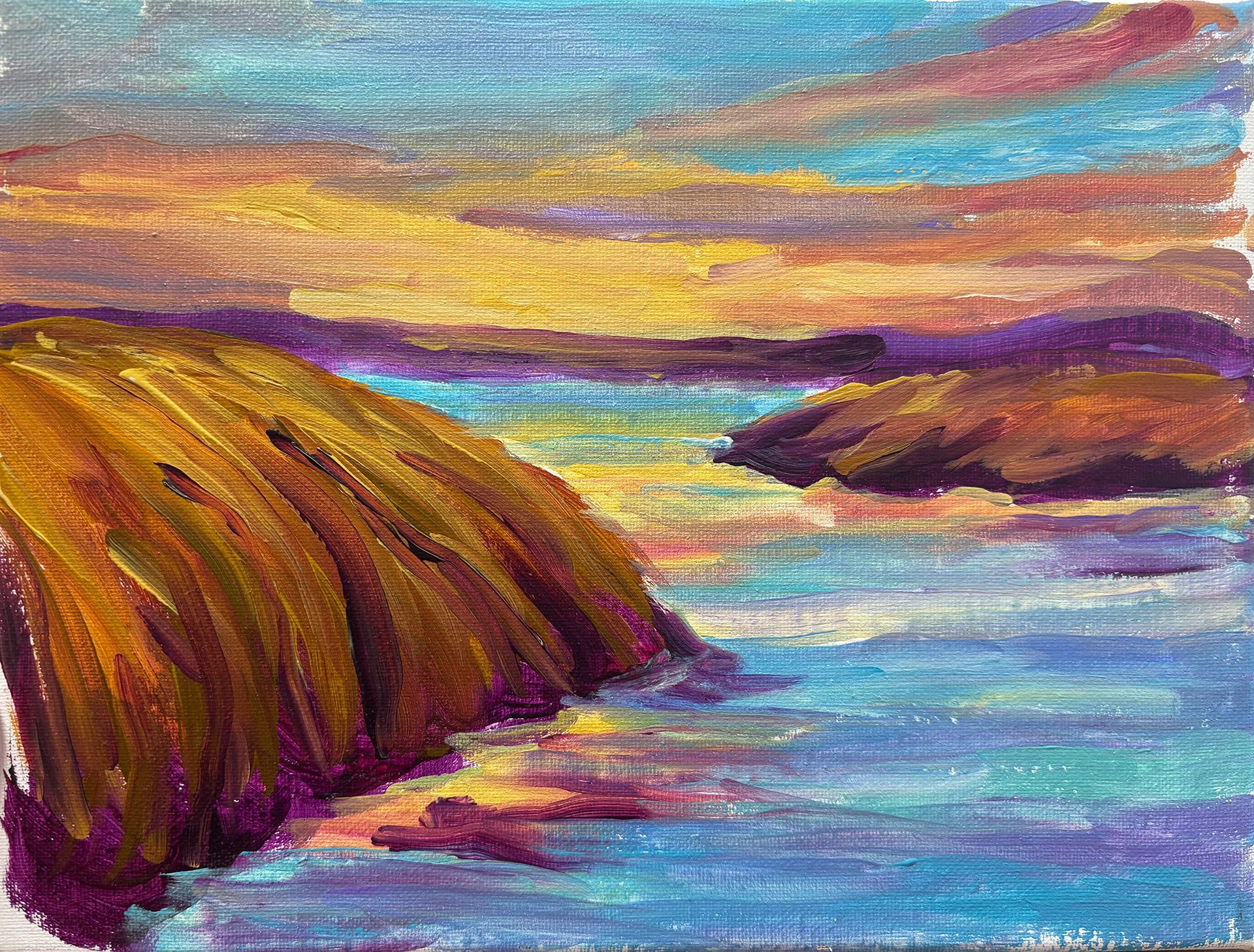 Colorful painting of a rocky coastline and calm blue water under a pastel sunset sky