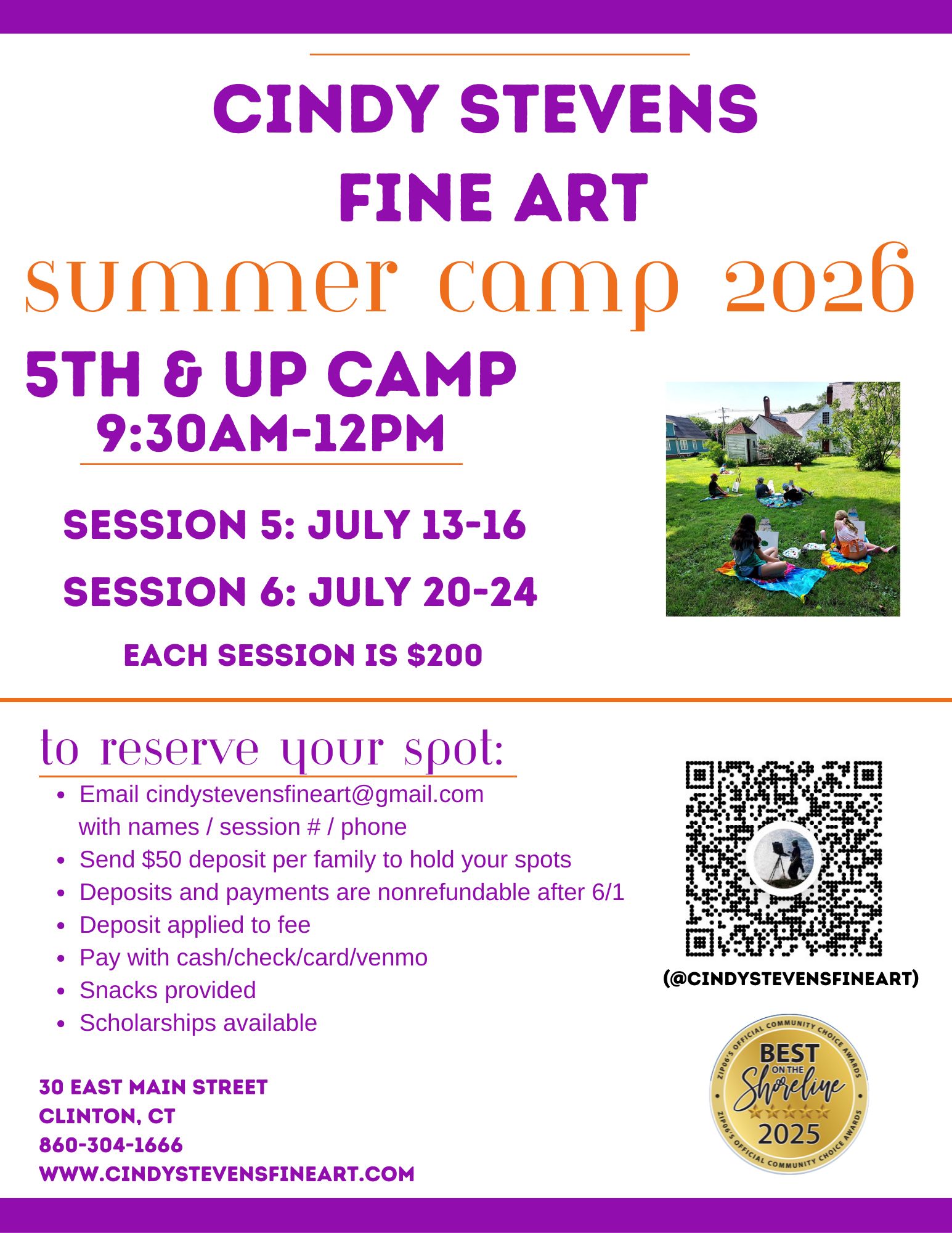 Flyer for Cindy Stevens Fine Art Summer Camp 2026, listing session dates, costs, contact info, and registration details.