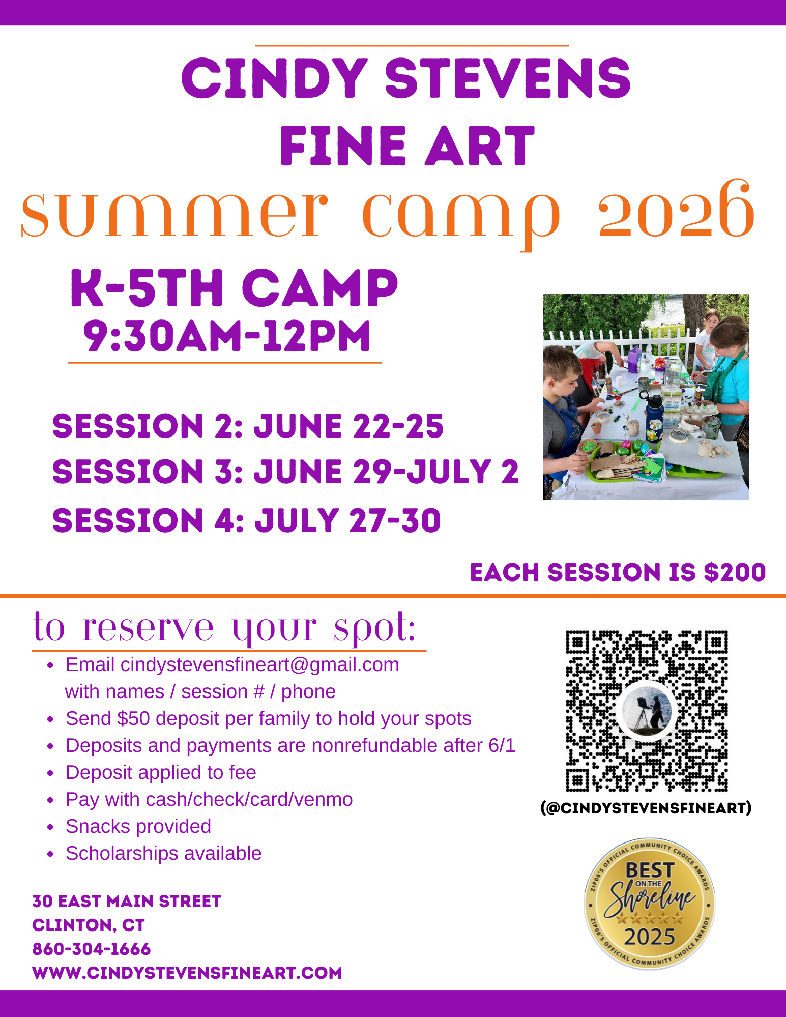Purple Cindy Stevens Fine Art summer camp flyer for K–5 kids, sessions June 22–July 30, 2026.