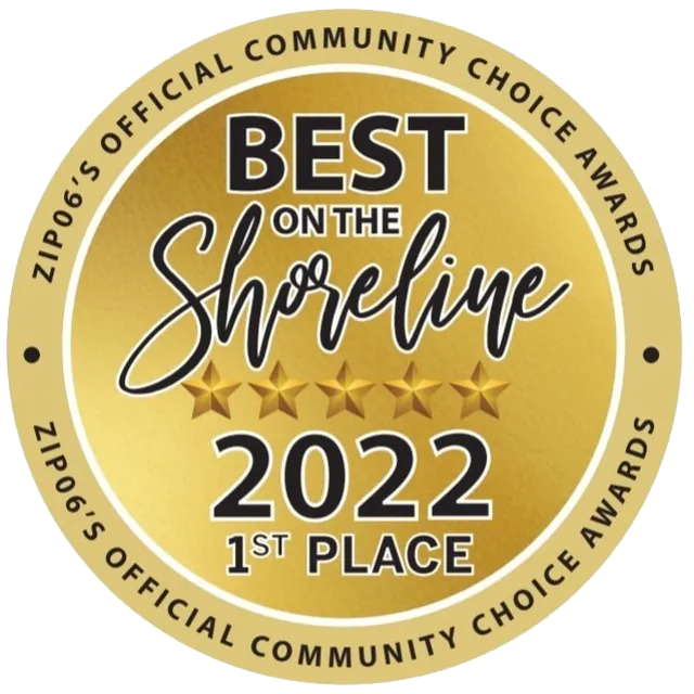 Gold “Best on the Shoreline 2022” award seal with five stars and “Zip06’s Official Community Choice Awards” text
