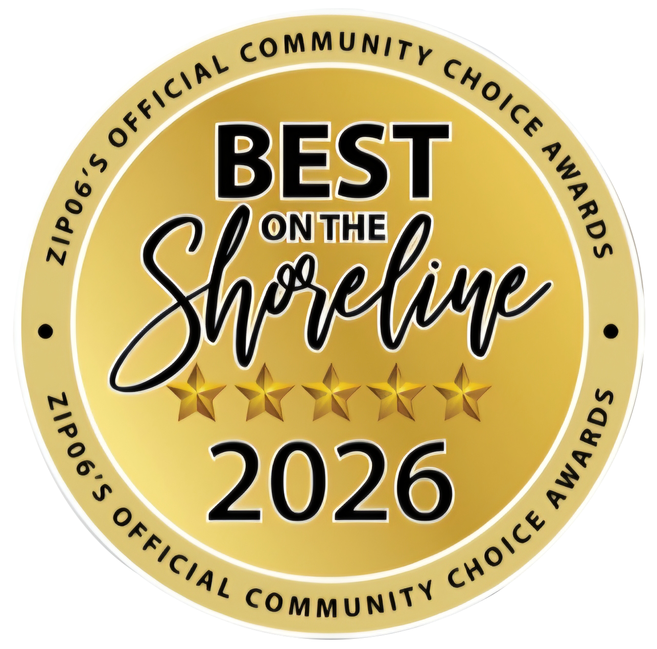 Gold “Best on the Shoreline 2026” award seal with five stars and “Zip06’s Official Community Choice Awards” text