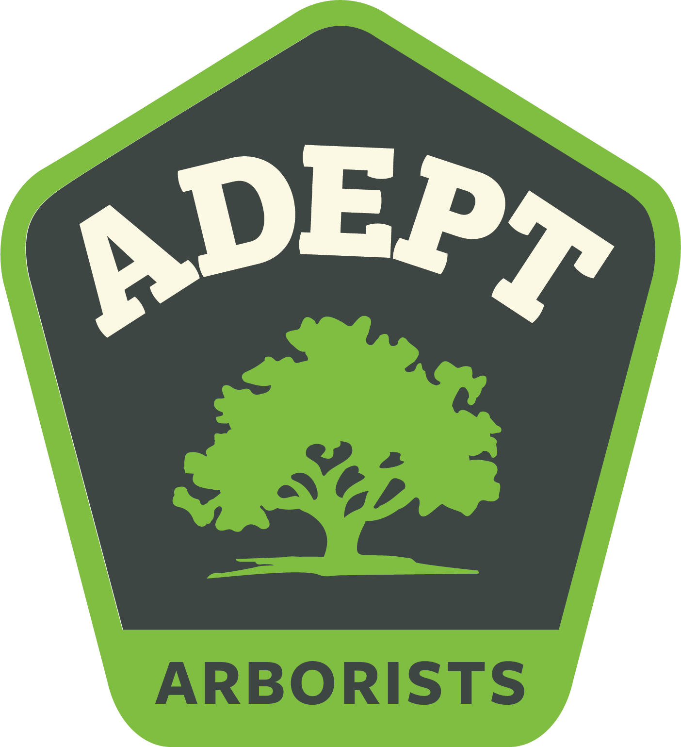 Adept Arborists logo: dark hexagon with green tree and border, white ADEPT text, green ARBORISTS below