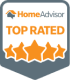 A home advisor top rated badge with four stars.