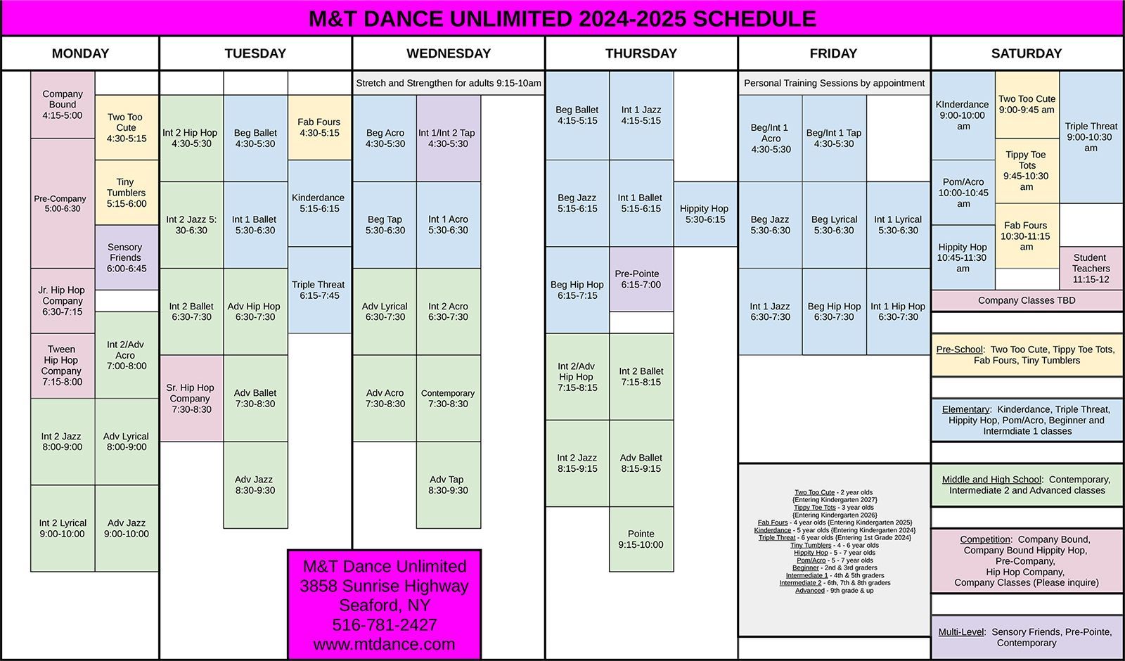M&T Dance Unlimited 2024 Fall Schedule