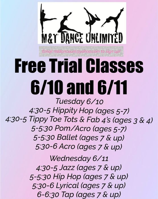 A poster advertising free trial classes for 6/10 and 6/11