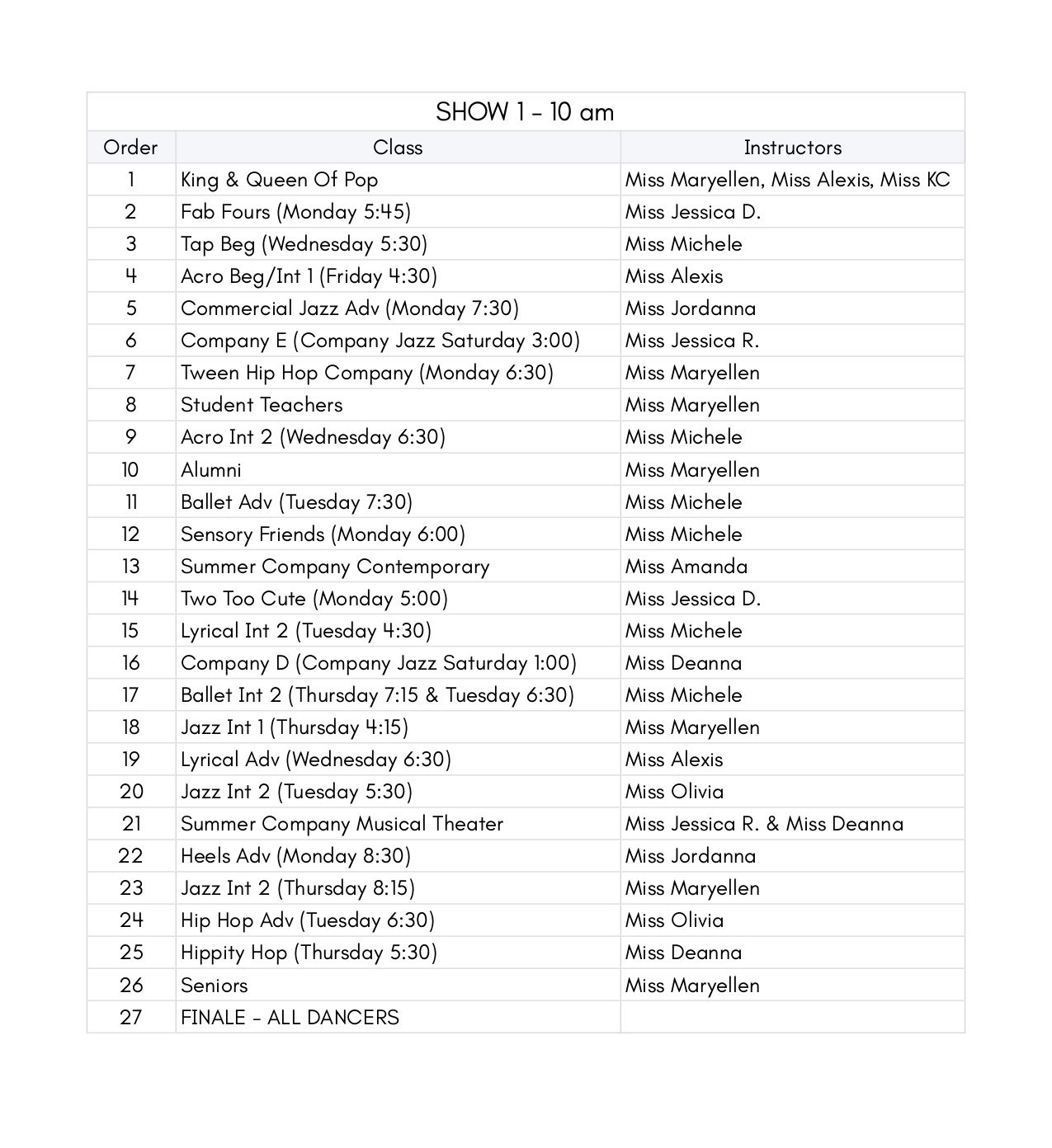 A table labeled SHOW 1 - 10 a.m. listing the order, class name, and instructor for each dance performance.