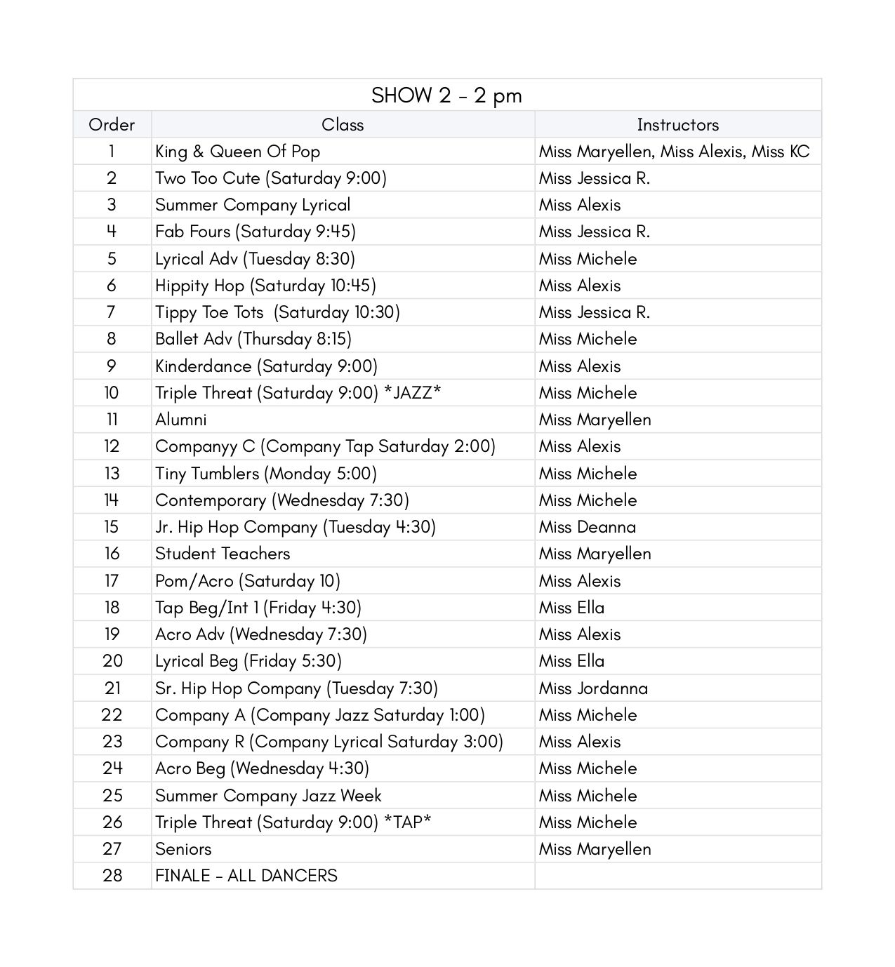 A schedule table for SHOW 2 - 2 pm listing dates, class names, and instructors.