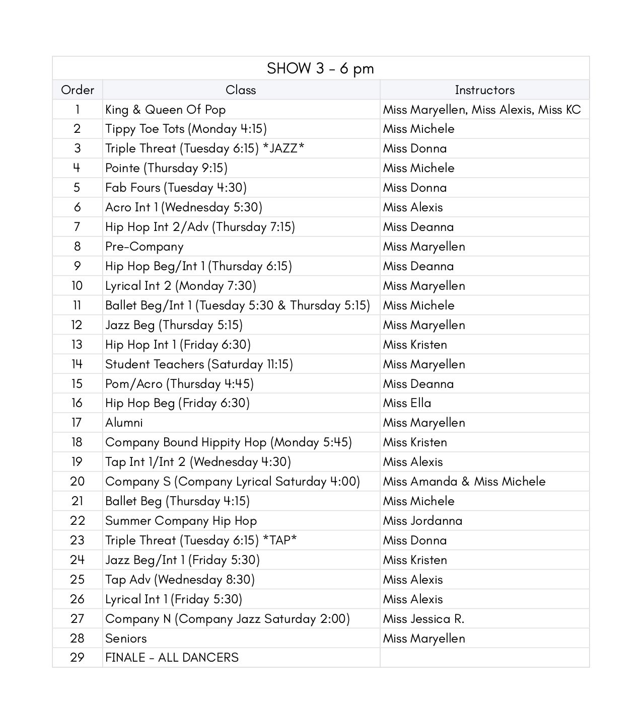 A table titled SHOW 3 - 6 pm listing 29 performance orders, their corresponding dance classes, and instructors.