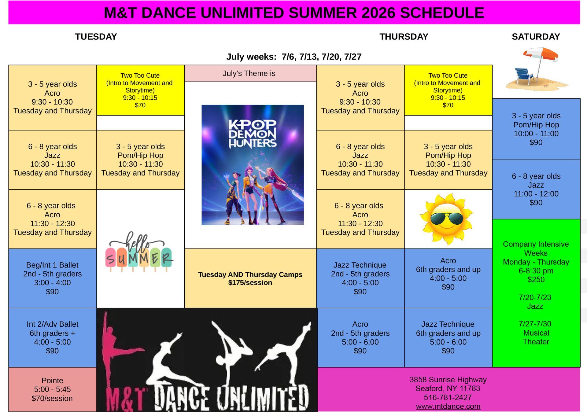 M&T Dance Unlimited Summer 2026 weekly class schedule grid featuring various dance styles, times, and age-appropriate groups.