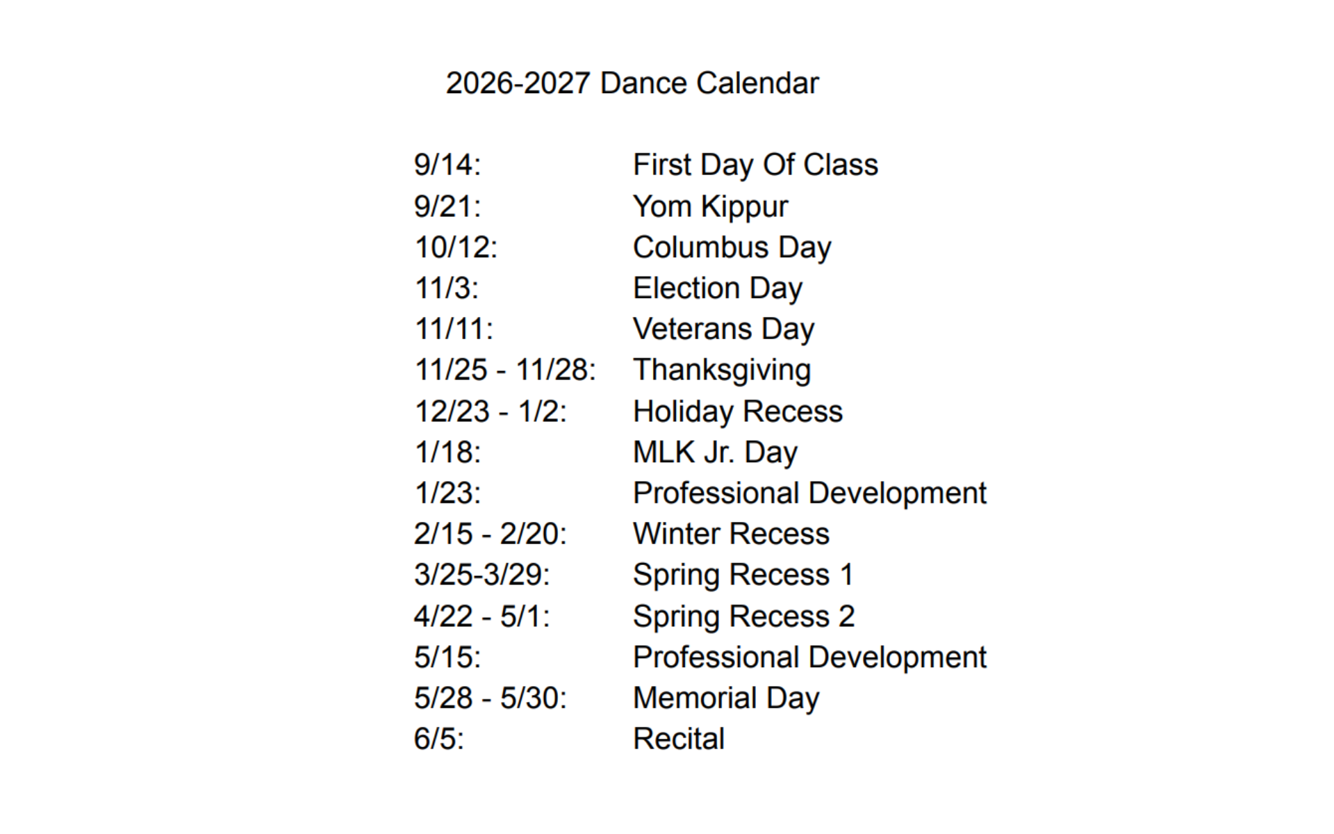 2026-2027 school calendar list with dates for holidays, breaks, and first/last day of school