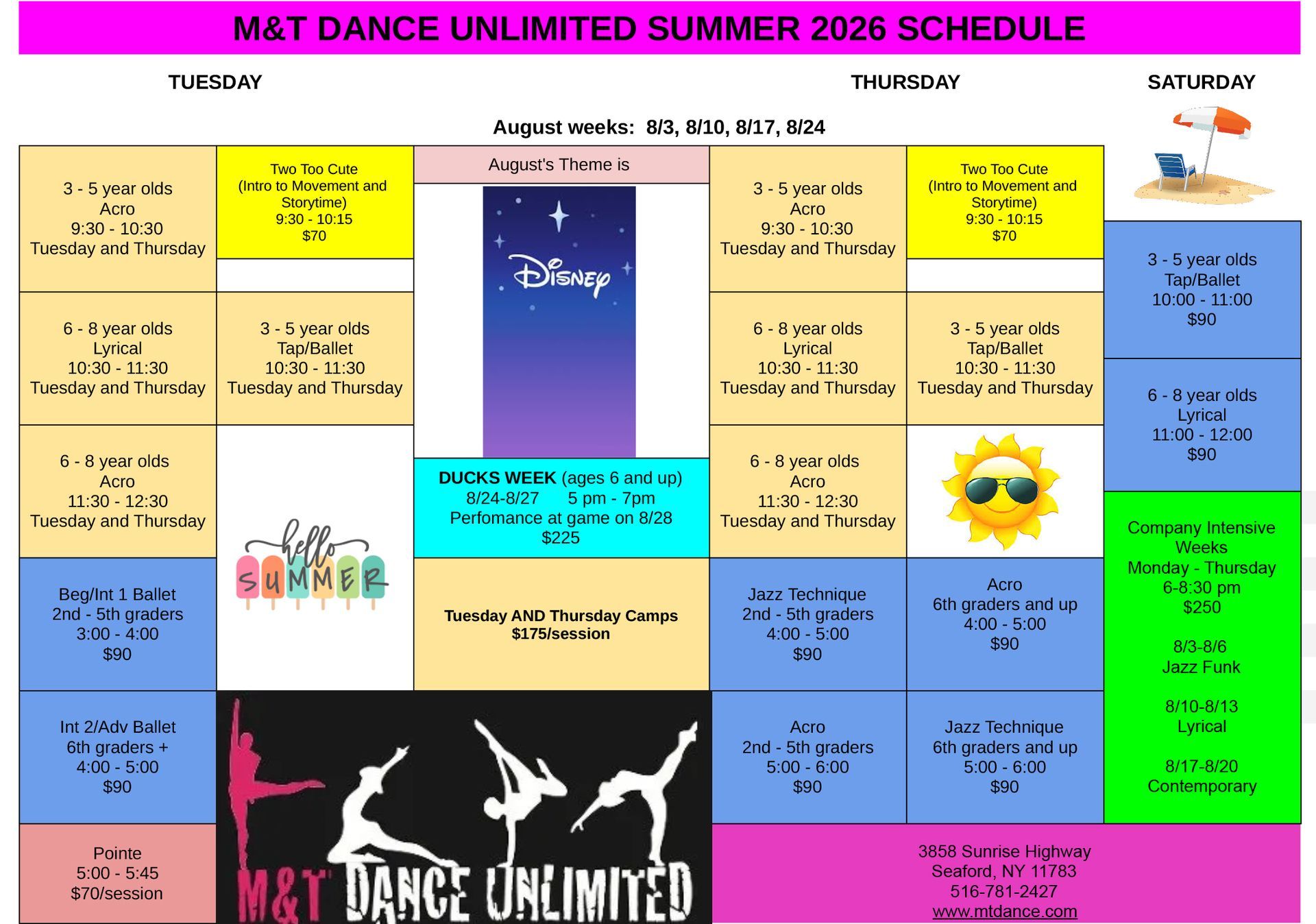 M&T Dance Unlimited Summer 2026 class schedule grid with weekly times for Tuesday, Thursday, and Saturday sessions.