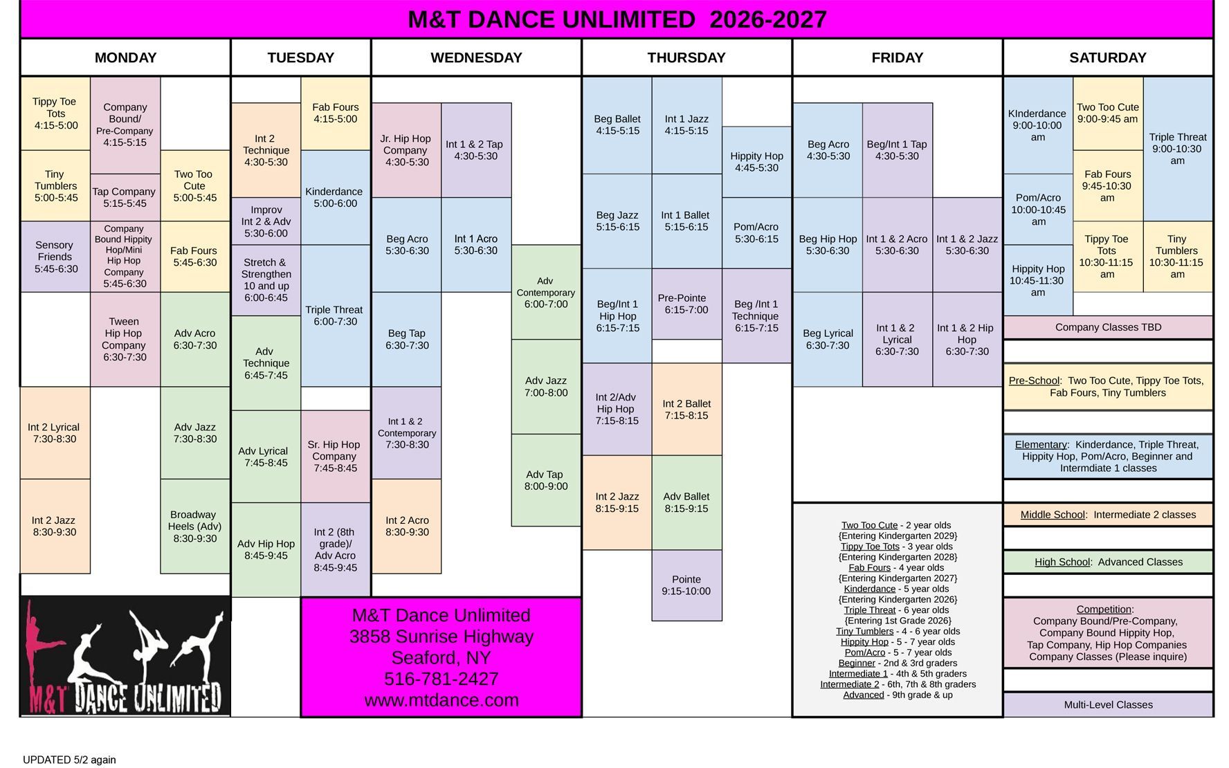 M&T Dance Unlimited 2026-2027 schedule
