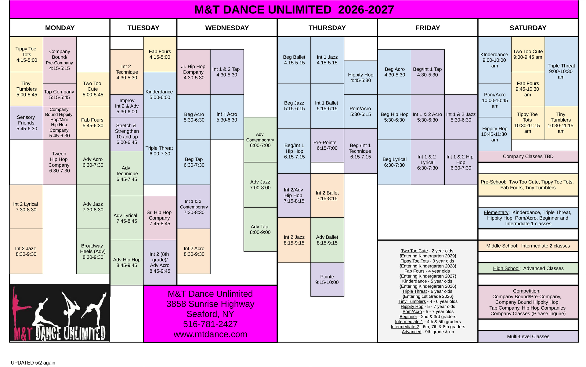 Color-coded weekly calendar/schedule grid with many pastel blocks and a magenta title bar.