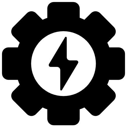Black gear icon with a white circle and lightning bolt in the center