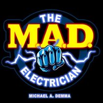 Logo reading &ldquo;The Mad Electrician&rdquo; with a blue fist, yellow-red text, and lightning bolts on a black background