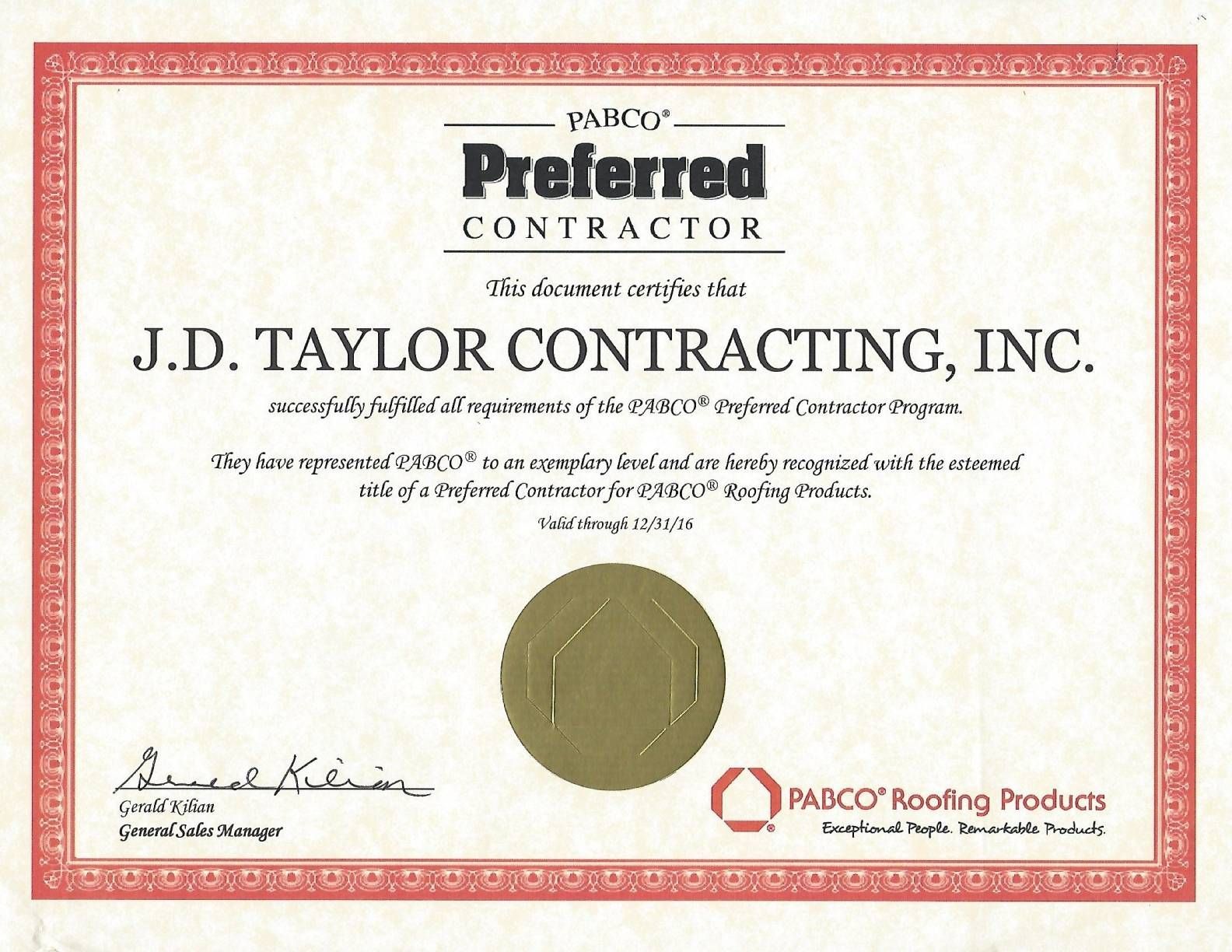 Pabco Preferred Contractor certificate
