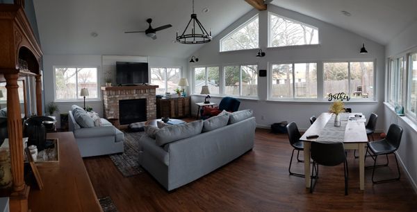 A living room with a fireplace