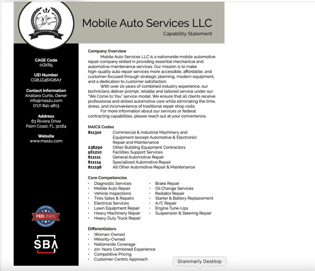 A business brochure for mobile auto services llc