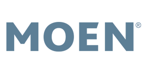 Moen logo: gray letters on a white background. 
