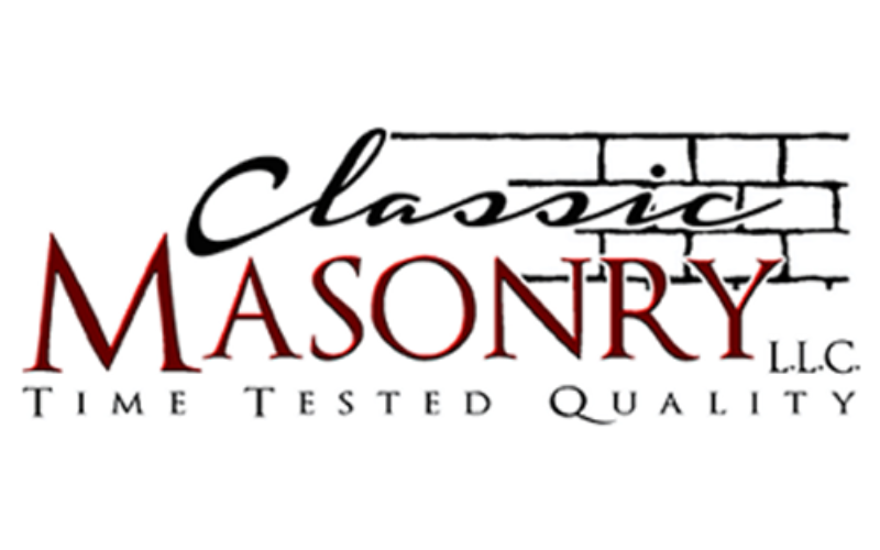Classic Masonry logo: Text with a brick outline, in black and maroon, stating "Classic Masonry LLC, Time Tested Quality."