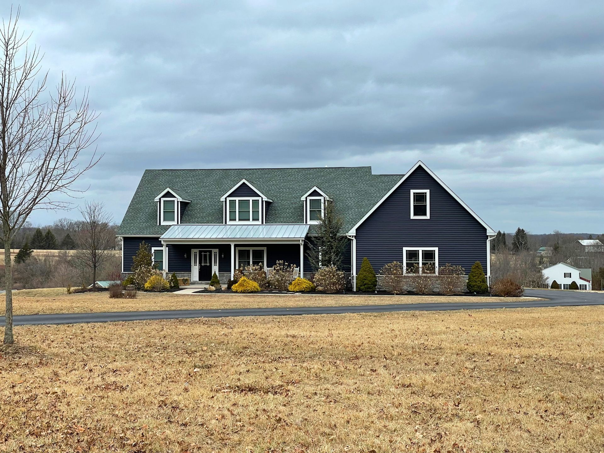 Dark blue house with a green roof on a brown field under a cloudy sky.