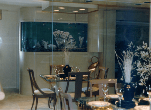 Dining room with large aquarium built into the wall. Glass table, wood chairs, and decorative items.