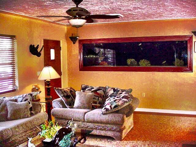 Living room with large aquarium built into the wall. Brown couch, gold walls, red ceiling, and window with blinds.