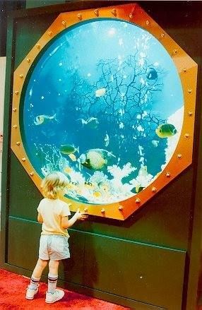 A child looks at fish in a large, octagonal aquarium.