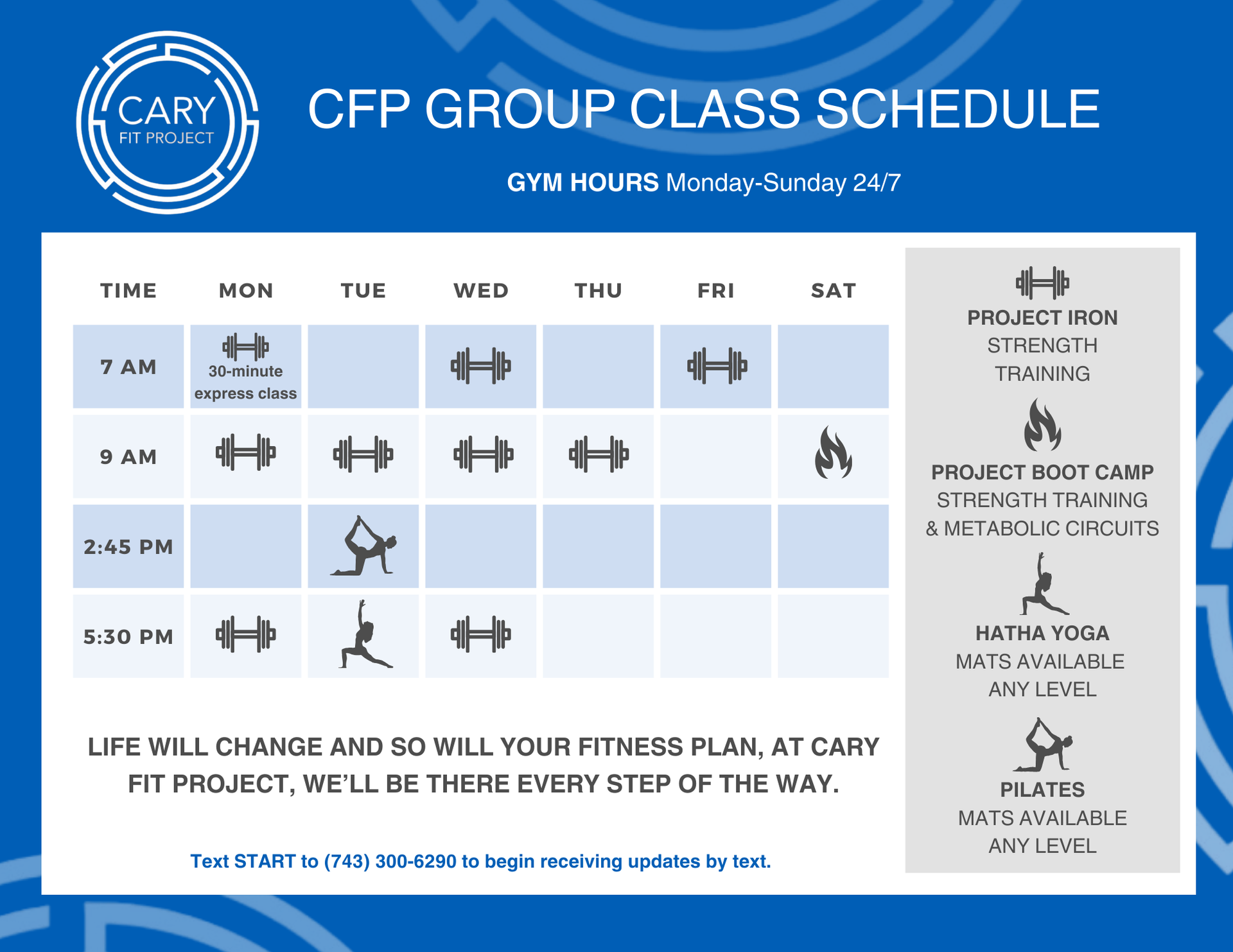 A flyer for a CFP group class schedule